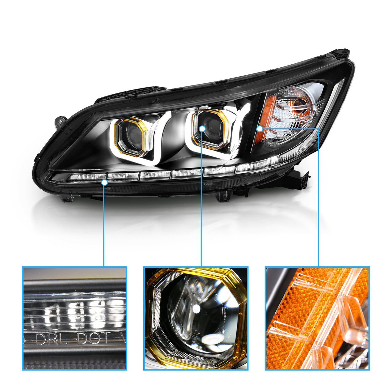 HONDA ACCORD 13 4DR PROJECTOR BAR STYLE HEADLIGHTS BLACK CLEAR AMBER