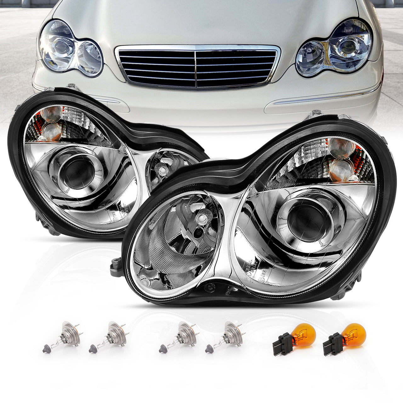 MBZ C CLASS W203 00-07 PROJECTOR HEADLIGHTS CHROME CLEAR