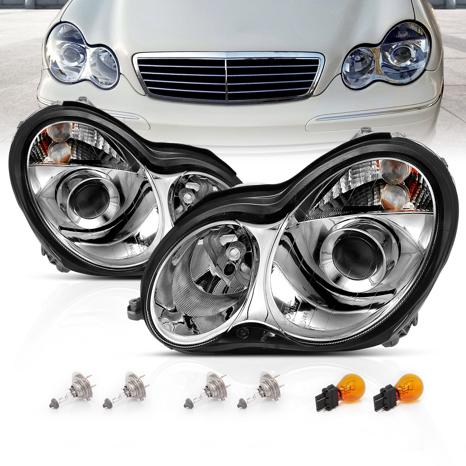 MBZ C CLASS W203 00-07 PROJECTOR HEADLIGHTS CHROME CLEAR