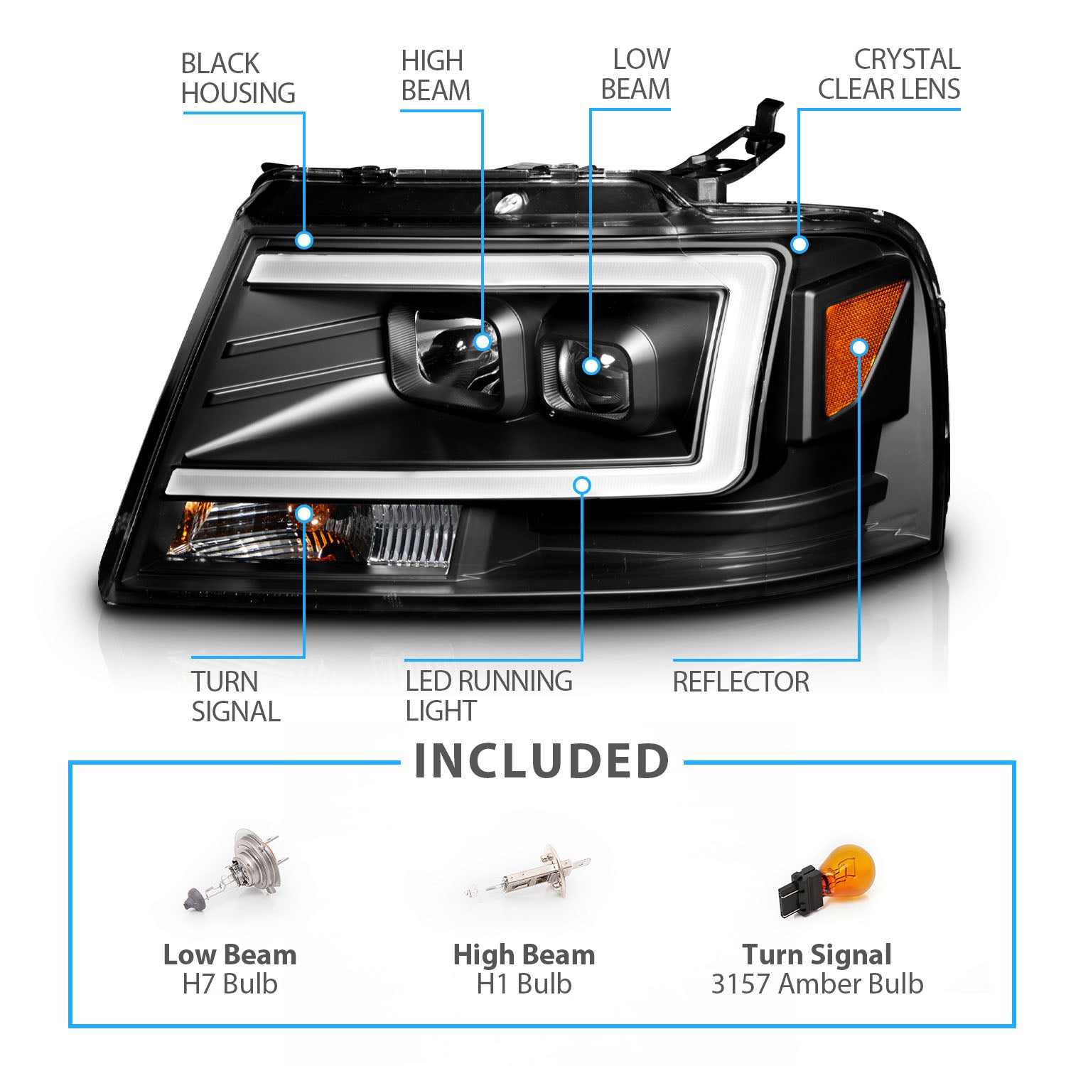 FORD F150 04-08/ LINCOLN MARK LT 06-07 PROJECTOR HEADLIGHTS BLACK AMBER(C LIGHTS BAR)