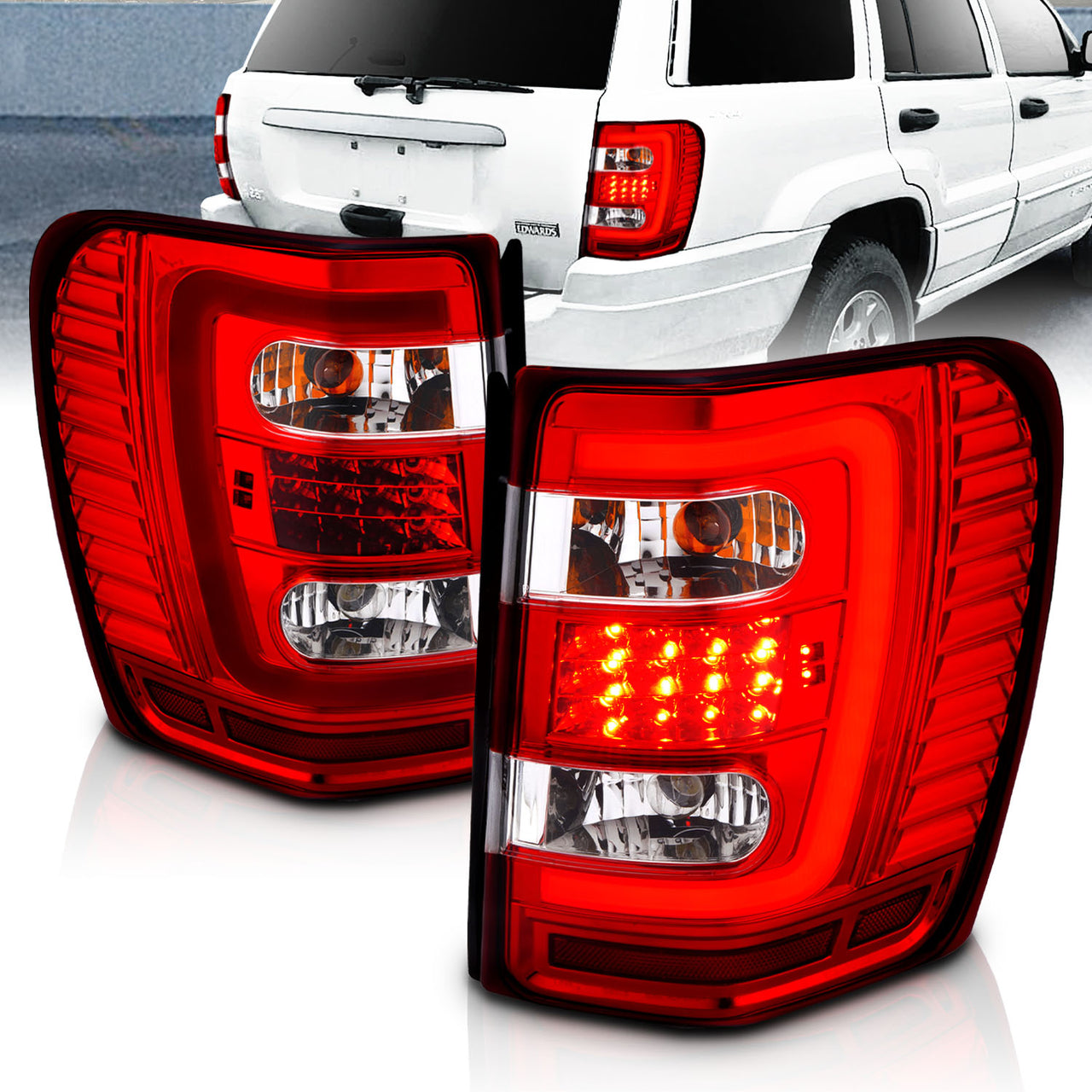 JEEP GRAND CHEROKEE 99-04 LED TAIL LIGHTS RED/CLEAR W/ C LIGHT BAR
