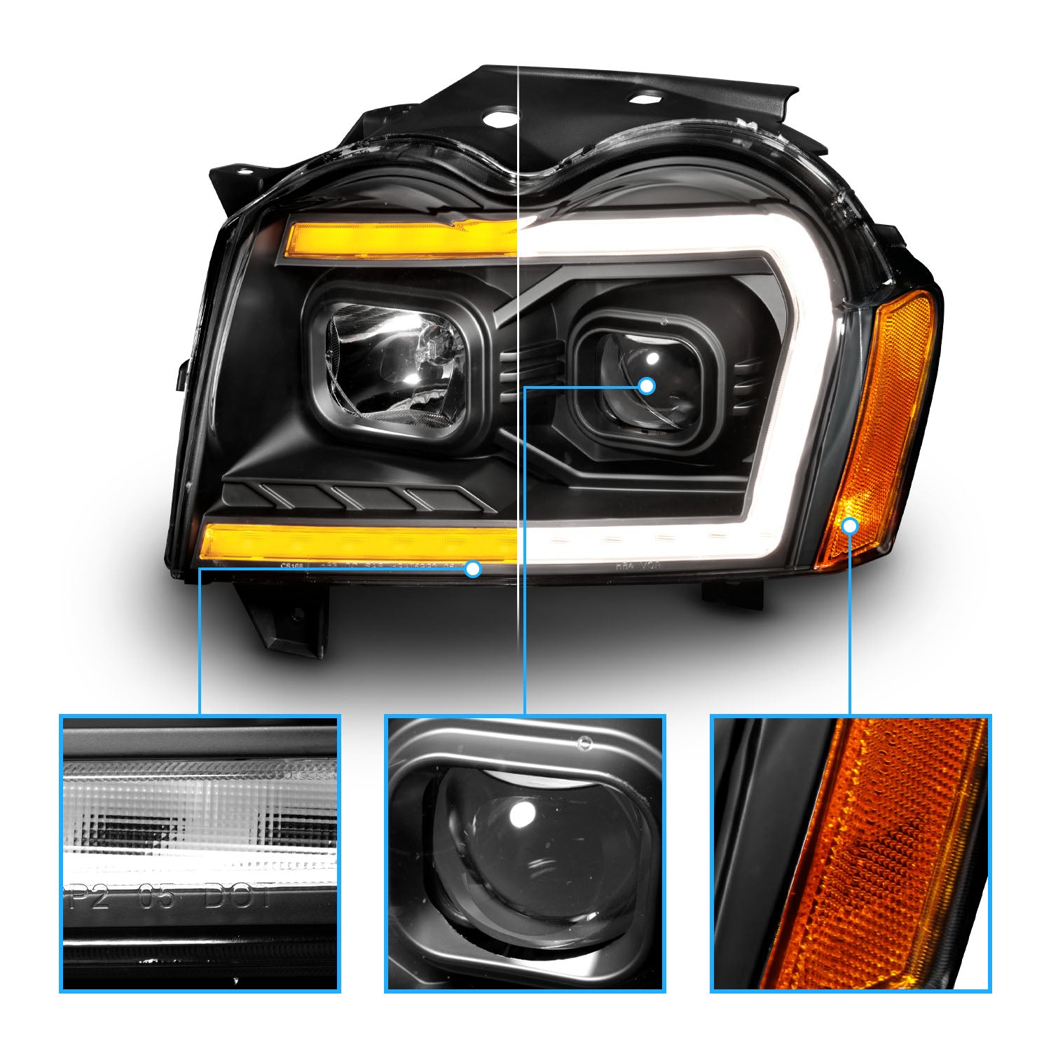 JEEP GRAND CHEROKEE 05-07 PROJECTOR SWITCHBACK HEADLIGHTS BLACK AMBER (W/ C LIGHT BAR)