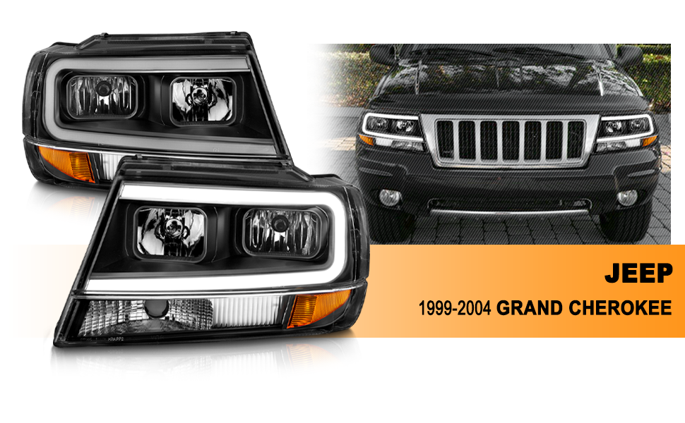 JEEP GRAND CHEROKEE 99-04 HEADLIGHTS BLACK AMBER (W/ C LIGHT BAR)