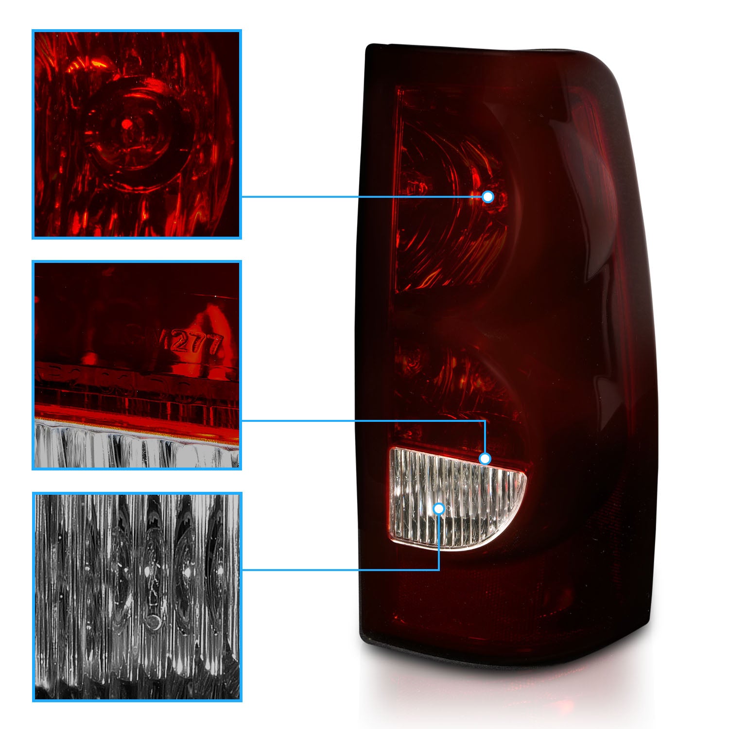 CHEVY SILVERADO 04-07 TAIL LIGHTS DARK RED AND CLEAR LENS (BLACK RIM) (OE STYLE)