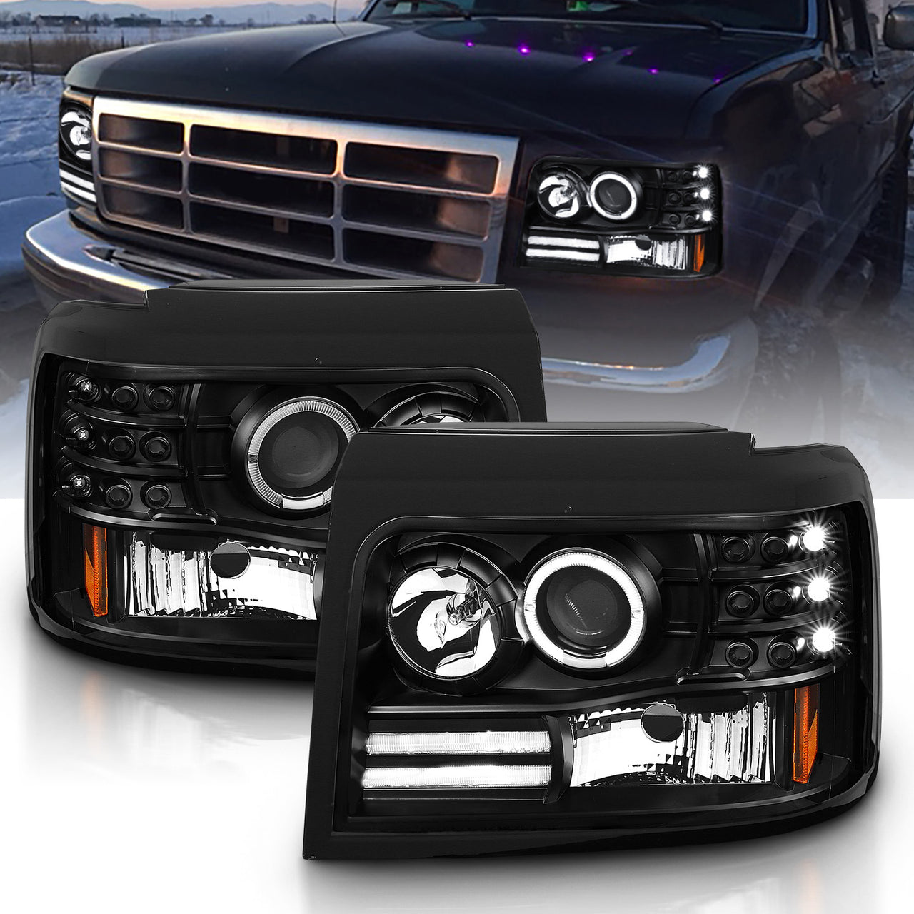 FORD F-150/F-250/BRONCO 92-96 PROJECTOR HALO HEADLIGHTS BLACK W/ SIDE MARKERS W/ PARKING LIGHTS
