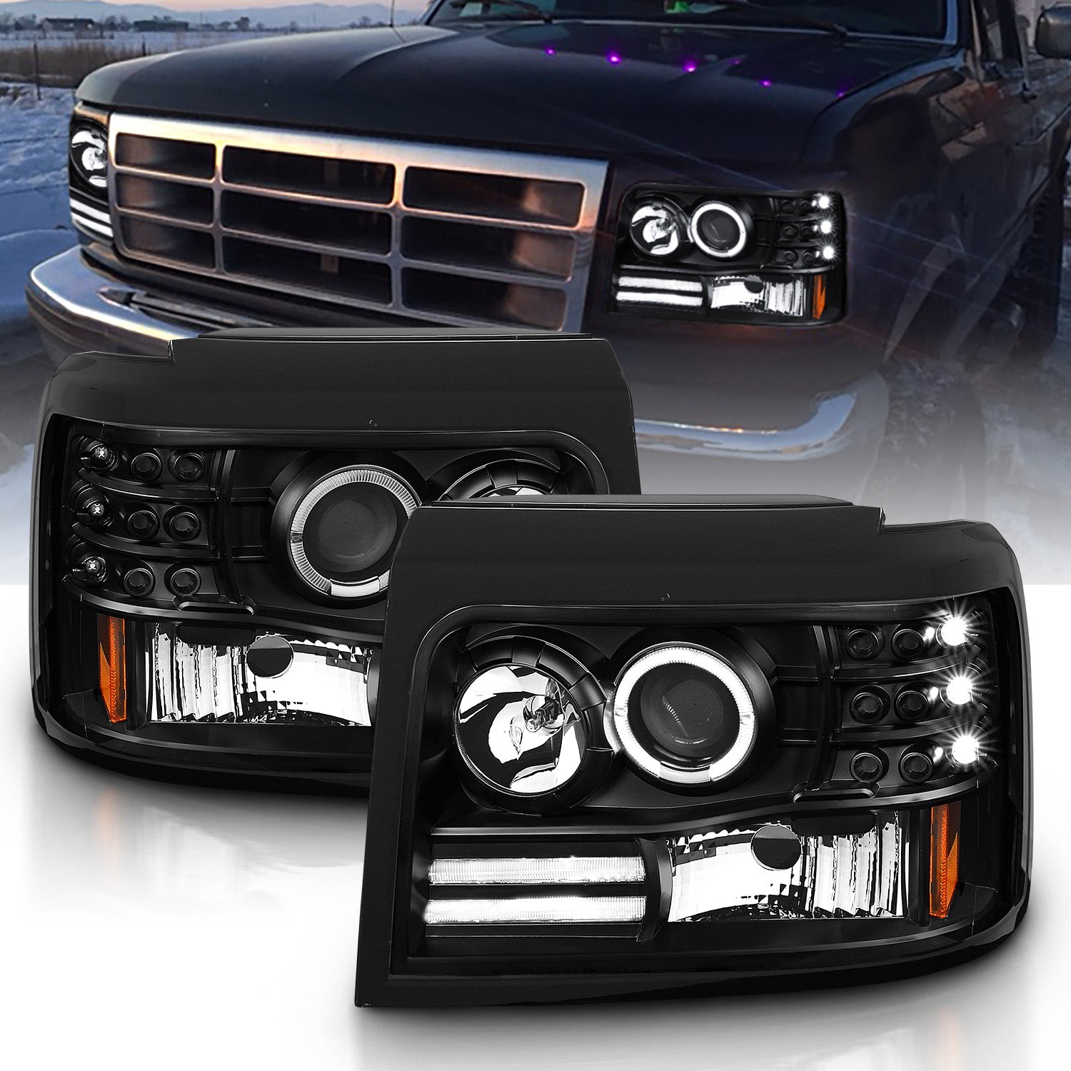 FORD F-150/F-250/BRONCO 92-96 PROJECTOR HALO HEADLIGHTS BLACK W/ SIDE MARKERS W/ PARKING LIGHTS