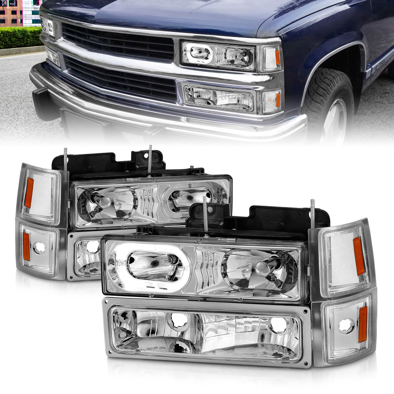 CHEVY CK / C10 /SILVERADO/ TAHOE / SUBURBAN/BLAZER 94-98 CRYSTAL HEADLIGHTS HALO CHROME HOUSING  W/ SIGNAL & SIDE MARKERS AMBER (8PCS)