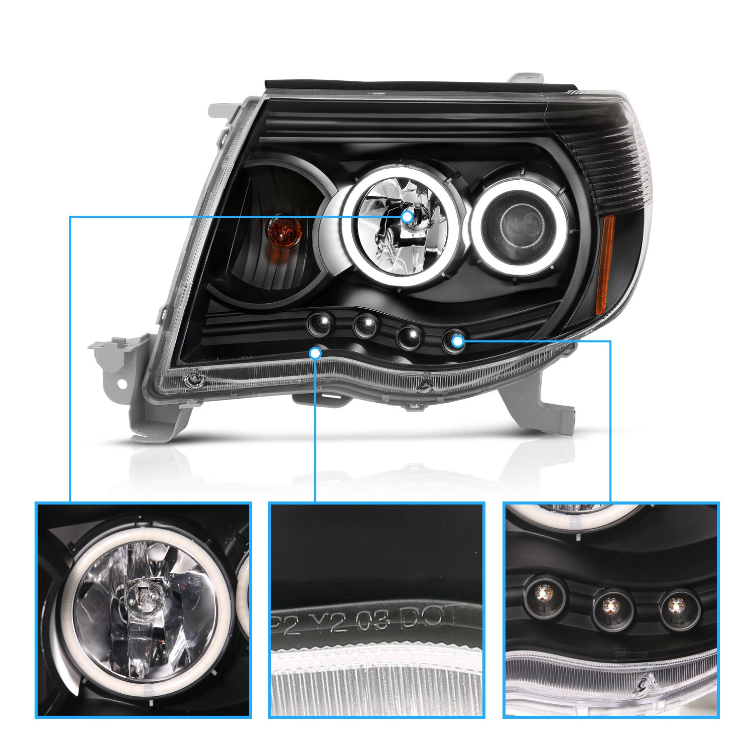 TOYOTA TACOMA 05-11 PROJECTOR HEADLIGHTS W/O CCFL BAR BLACK AMBER (RX HALO)
