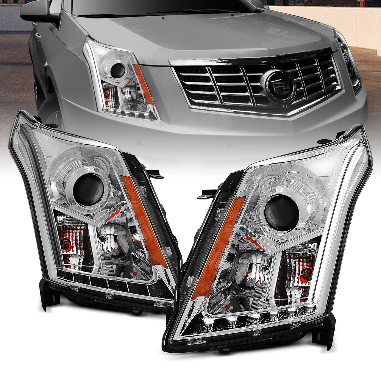 CADILLAC SRX 10-12 PROJECTOR LIGHT BAR STYLE HEADLIGHTS CHROME CLEAR AMBER