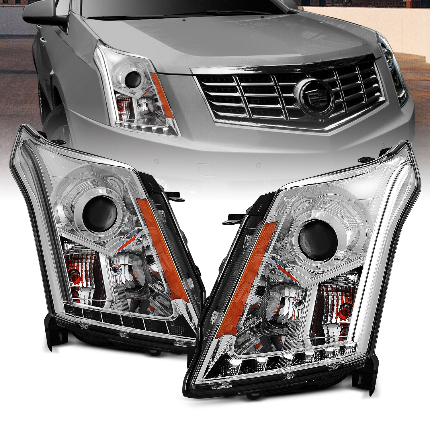 CADILLAC SRX 10-12 PROJECTOR LIGHT BAR STYLE HEADLIGHTS CHROME CLEAR AMBER