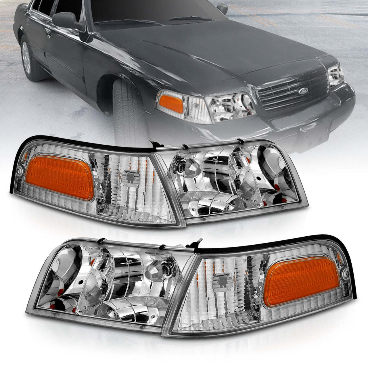 FORD CROWN VICTORIA 98-11 HEADLIGHTS CHROME 4 PCS W/ CORNER LIGHTS (OE REPLACEMENT)