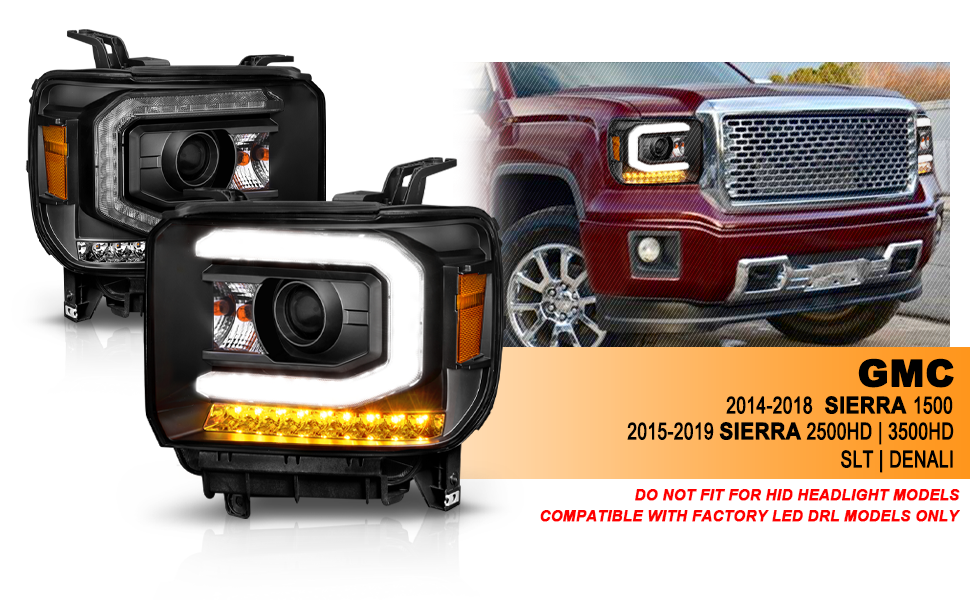 GMC SIERRA 1500 14-15/ 2500HD/3500HD 15-19 PROJECTOR  HEADLIGHTS LIGHT BAR BLACK  (HALOGEN TYPE MODEL W/ FACTORY DRL)