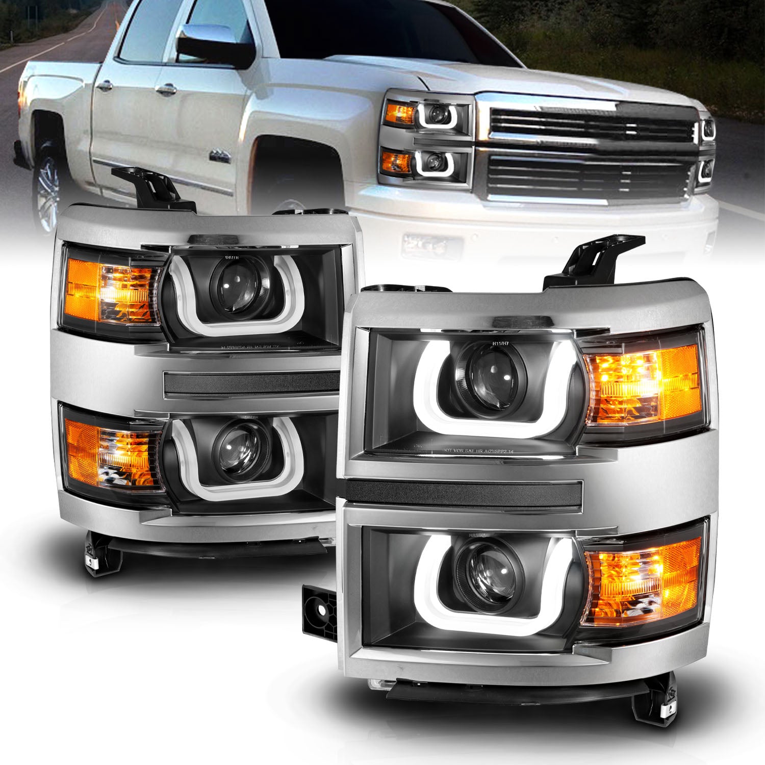 CHEVY SILVERADO 14 PROJECTOR U-BAR STYLE HEADLIGHTS BLACK CLEAR W/ CHROME TRIM AMBER
