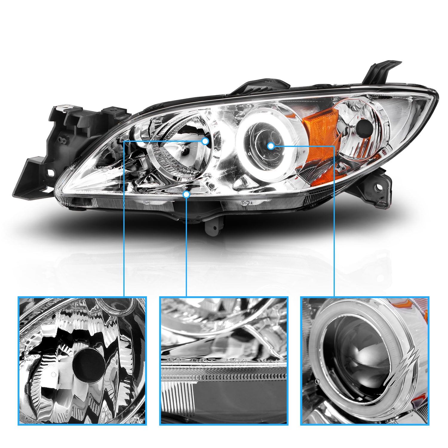 MAZDA 3 04-07 4DR PROJECTOR HEADLIGHTS HALO CHROME CLEAR AMBER (RX HALO)