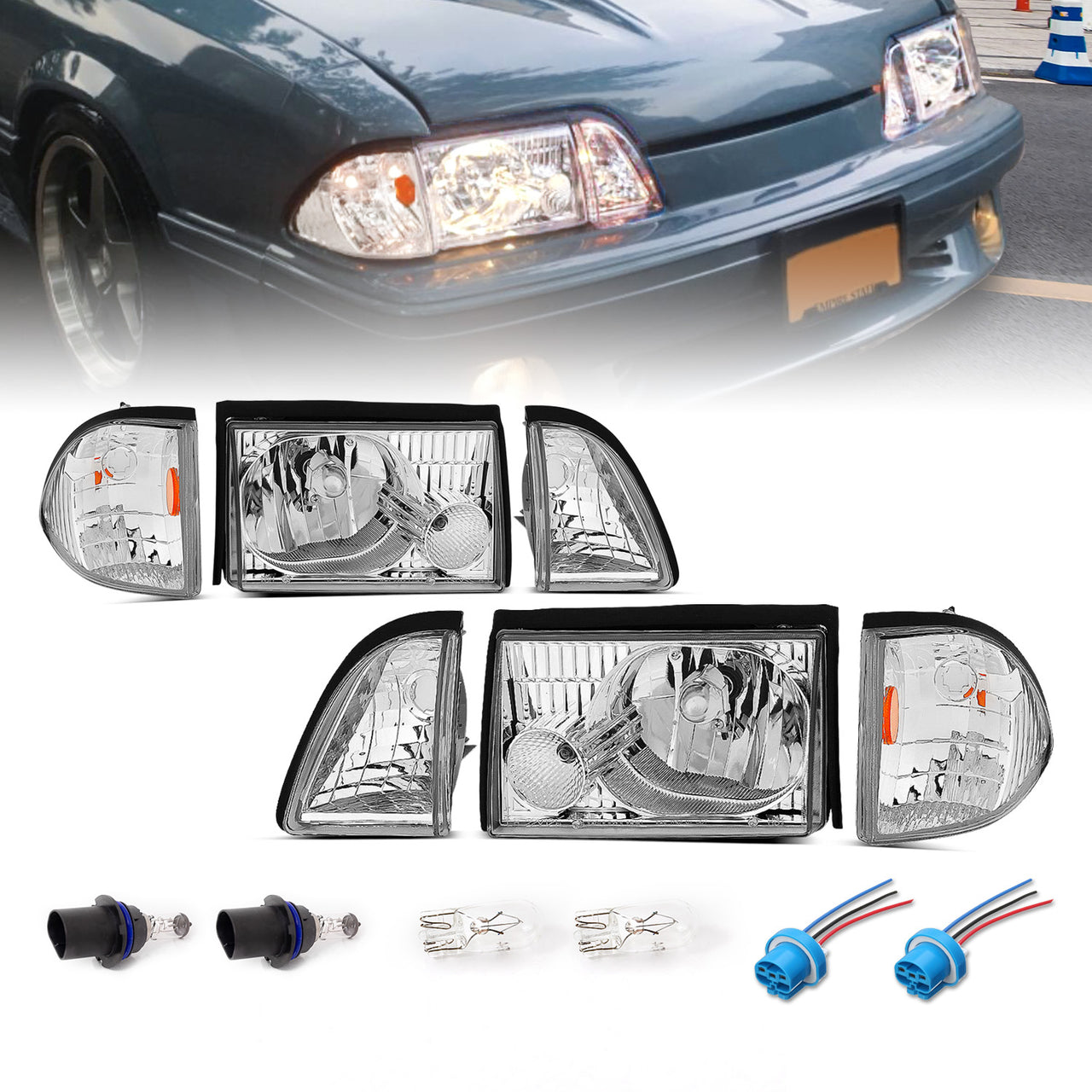 FORD MUSTANG 87-93 CRYSTAL HEADLIGHTS CHROME SET W/ CORNER & PARKING