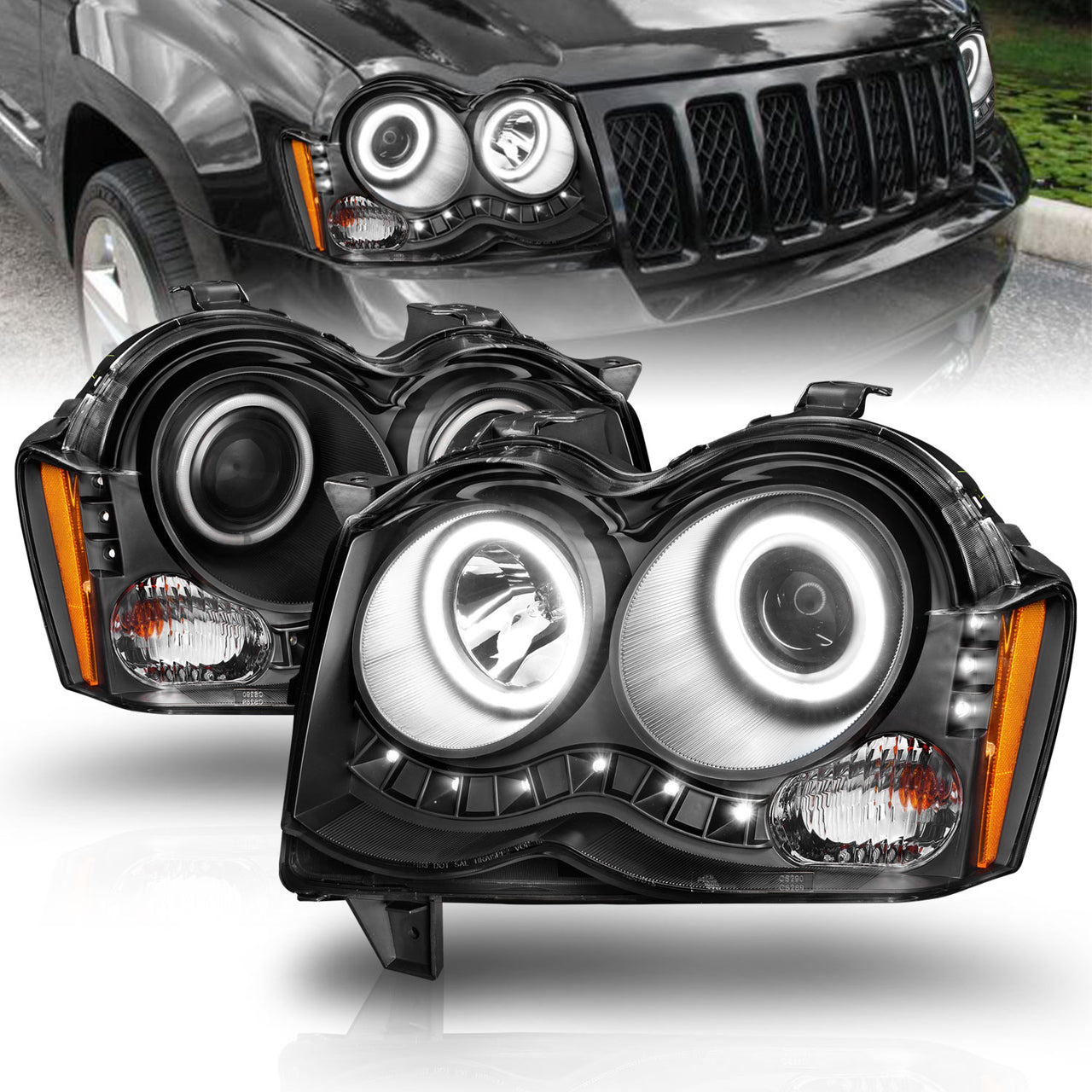 JEEP GRAND CHEROKEE 08-09 PROJECTOR HEADLIGHTS HALO BLACK CLEAR AMBER (RX HALO)