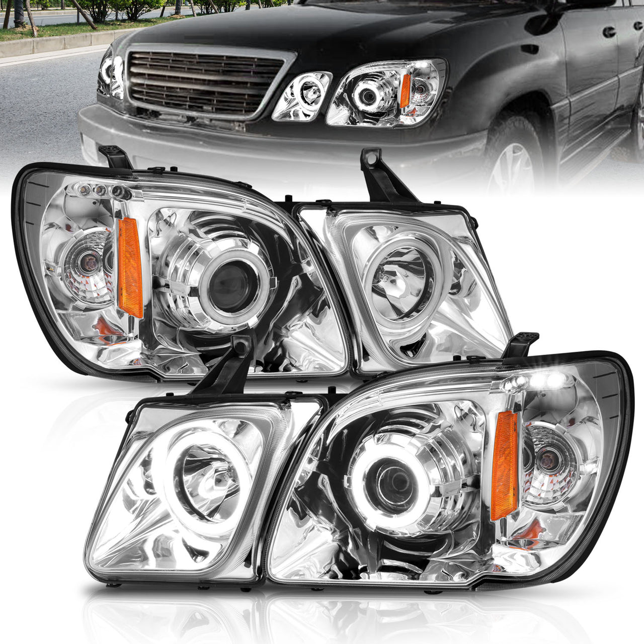 LEXUS LX470 98-07 PROJECTOR HEADLIGHTS HALO CHROME CLEAR AMBER (RX HALO)