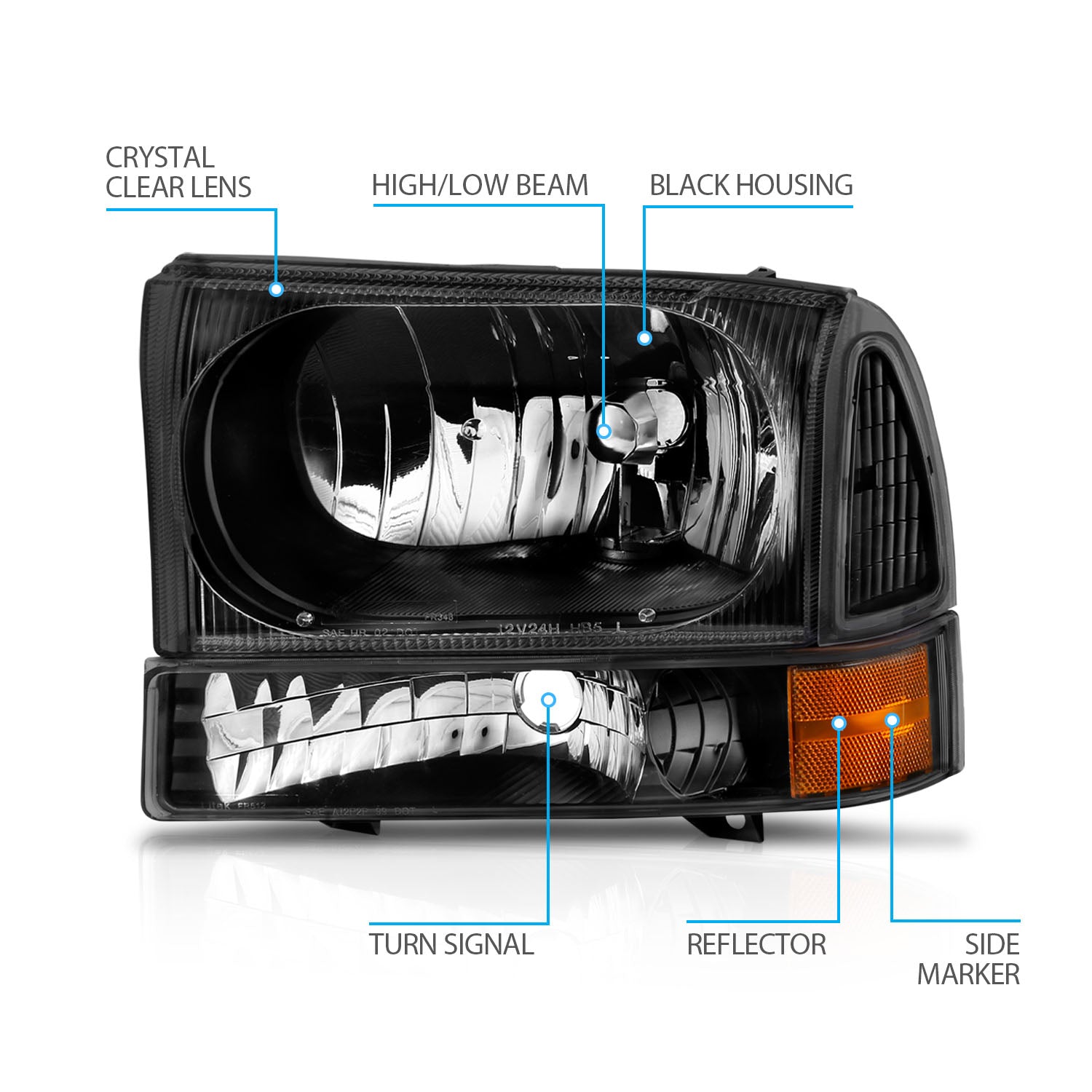 FORD EXCURSION 00-04/SUPER DUTY 99-04 HEADLIGHTS W/ CORNER LIGHTS BLACK AMBER (W/O BULB)