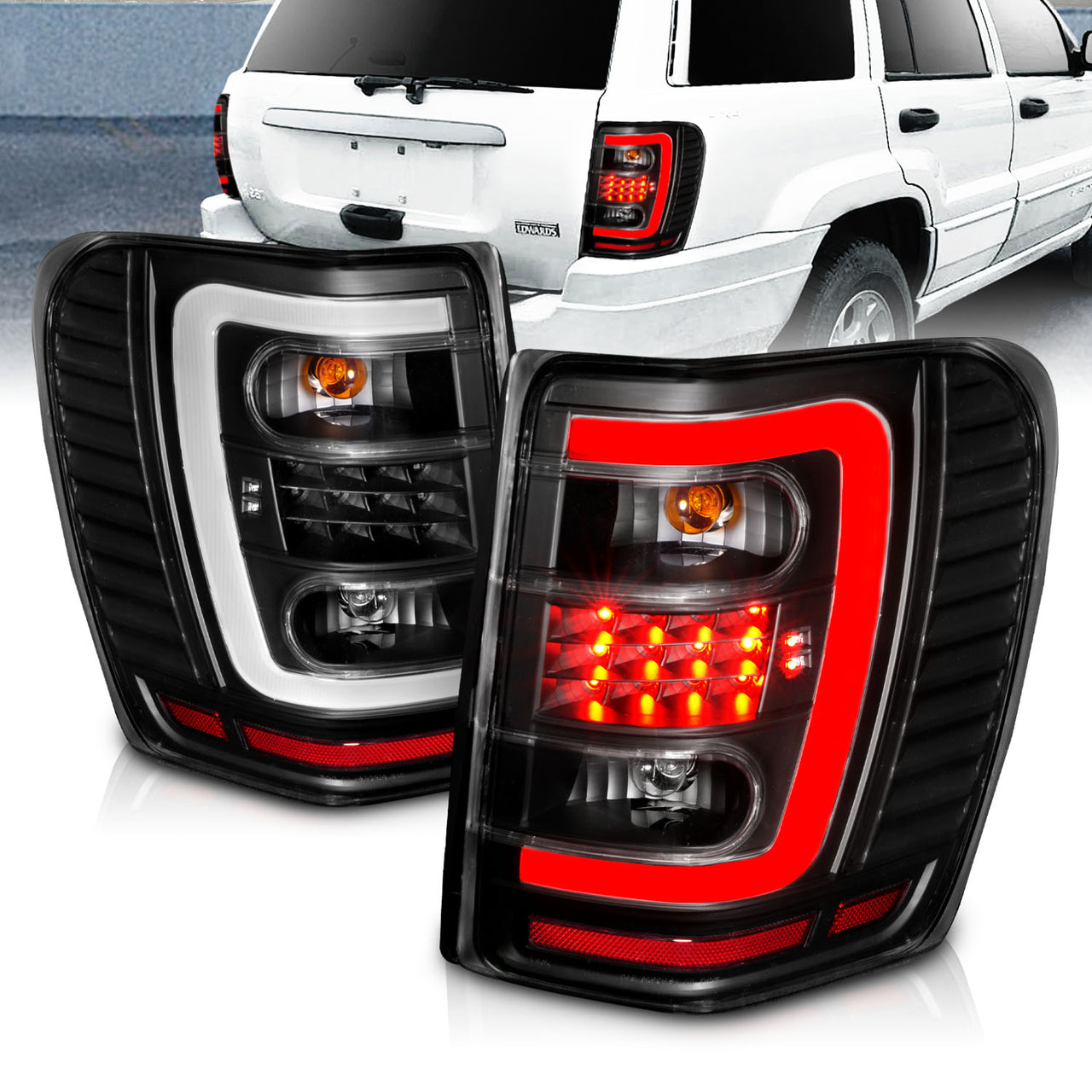 JEEP GRAND CHEROKEE 99-04 LED TAIL LIGHTS BLACK HOUSING CLEAR LENS W/ C LIGHT BAR