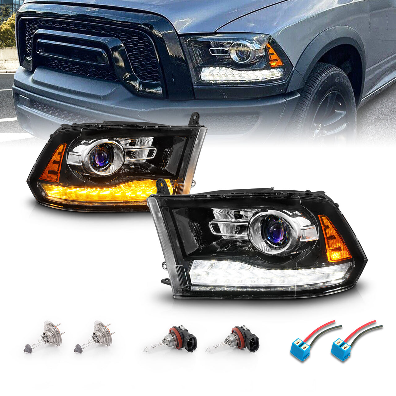 DODGE RAM 1500 09-19(09-12, W/O QUAD),  2500/3500 10-18 PROJECTOR HEADLIGHTS LIGHT BLACK HOUSING CLEAR LENS SEQUENTIAL LIGHT BAR
