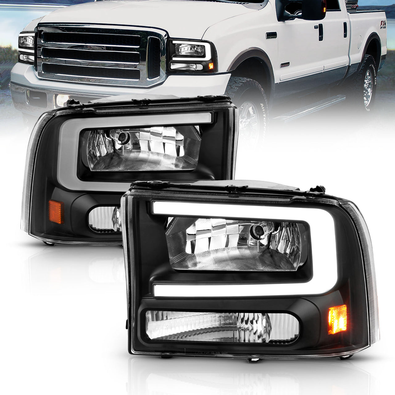FORD EXCURSION 00-04/SUPER DUTY 99-04  HEADLIGHTS BLACK AMBER (W/ C LIGHT BAR)