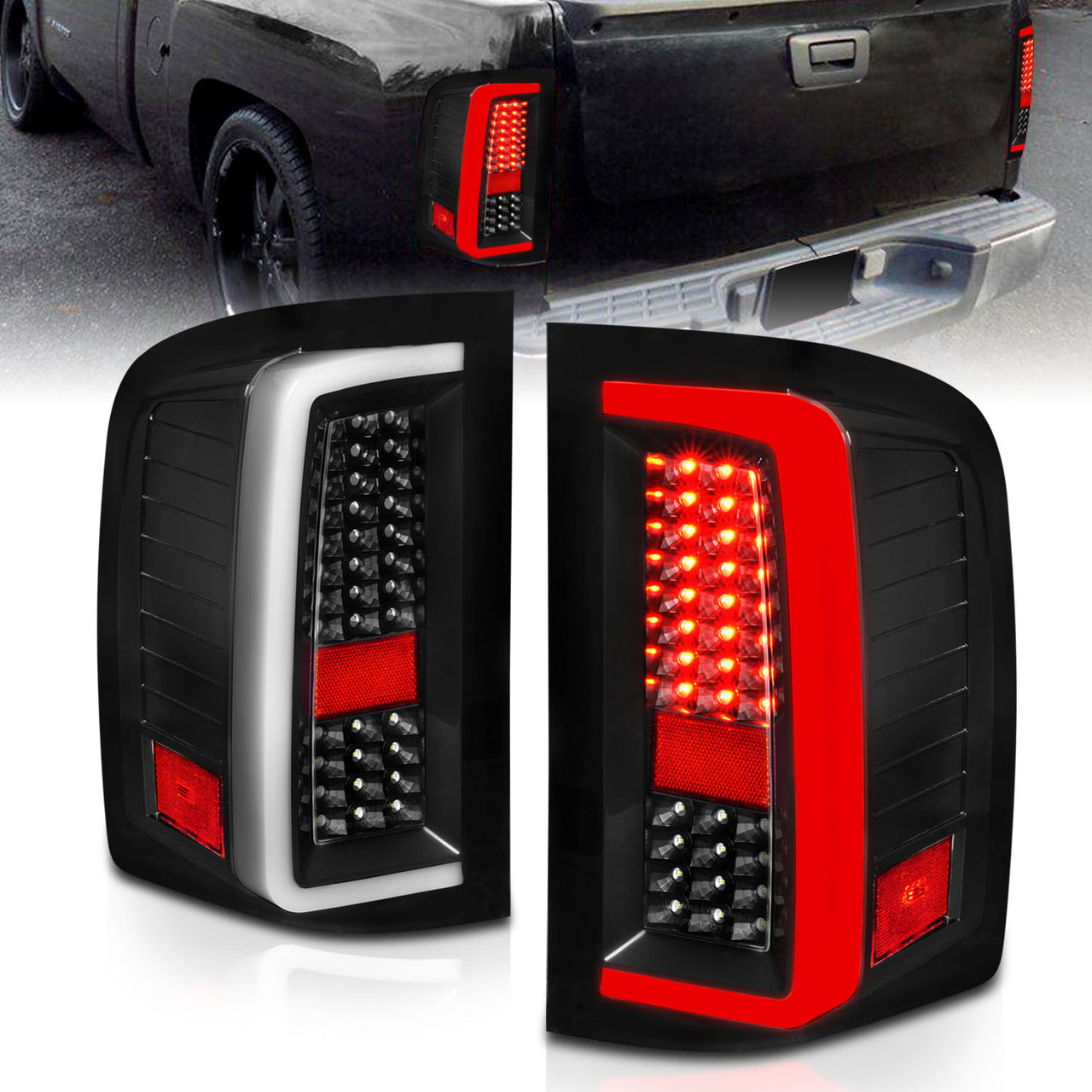 CHEVY SILVERADO 1500/2500/3500 07-10/HYBRID 09/GMC SIERRA 07-09 LED TAIL LIGHTS G5  BLACK HOUSING CLEAR LENS (W/ WHITE LIGHT BAR)