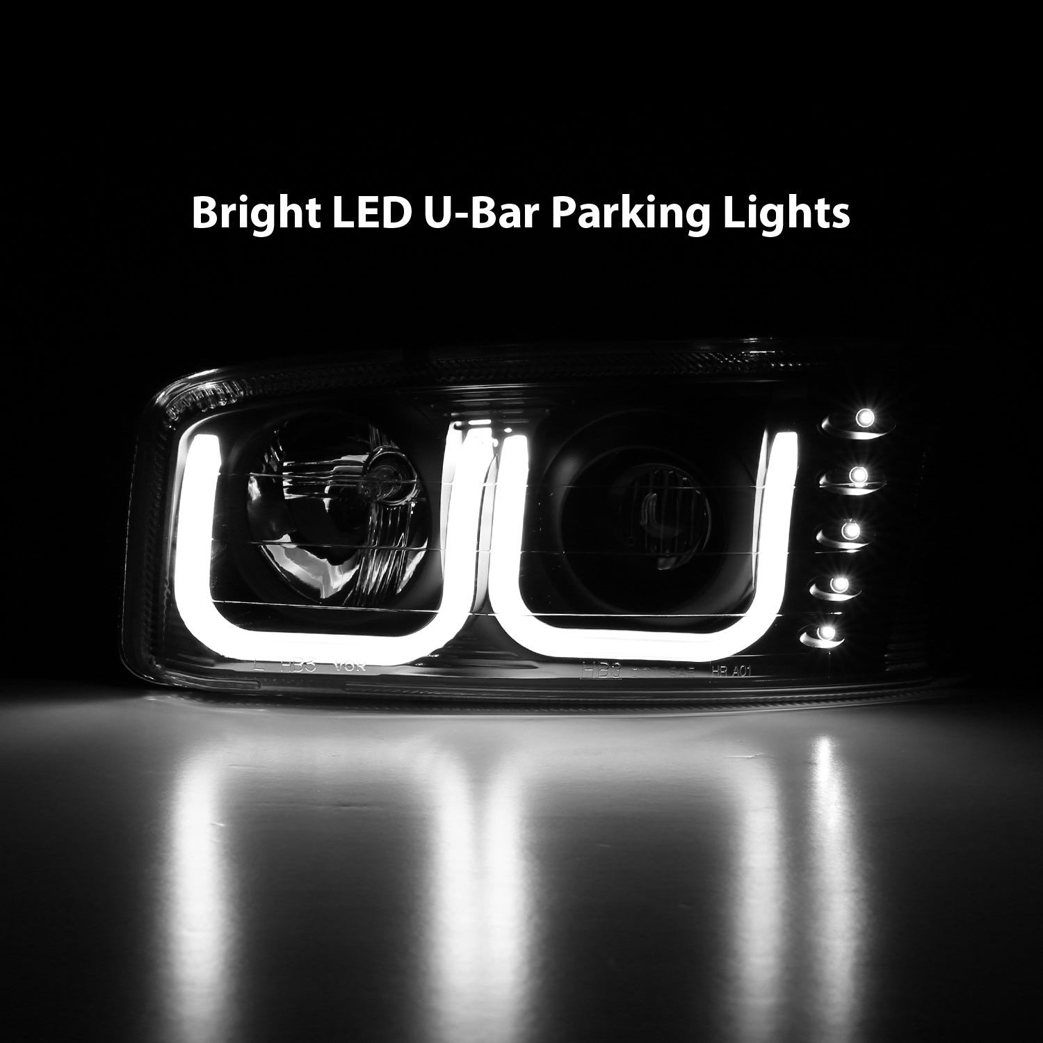 GMC SIERRA C3 99-02/SIERRA DENALI 99-07/YUKON/YUKON XL/YUKON DENALI 00-06 PROJECTOR HEADLIGHTS U-BAR CHROME BLACK AMBER