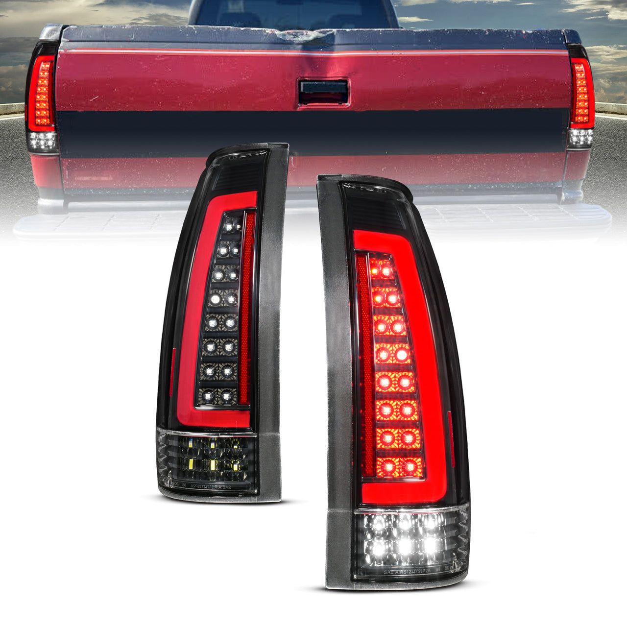 CHEVY /GMC C/K 1500/2500/3500 88-99, SUBURBAN/YUKON 92-00, TAHOE 94-00, BLAZER 92-94, CADILLAC ESCALADE 99-00 LED TAIL LIGHTS BLACK HOUSING CLEAR LENS (SEQUENTIAL SIGNAL)