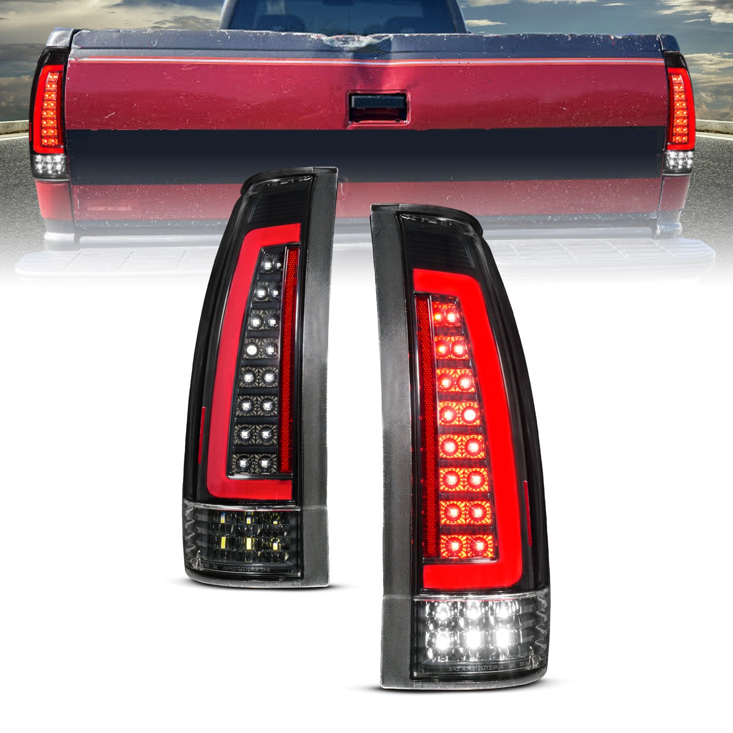 CHEVY /GMC C/K 1500/2500/3500 88-99, SUBURBAN/YUKON 92-00, TAHOE 94-00, BLAZER 92-94, CADILLAC ESCALADE 99-00 LED TAIL LIGHTS BLACK HOUSING CLEAR LENS (SEQUENTIAL SIGNAL)