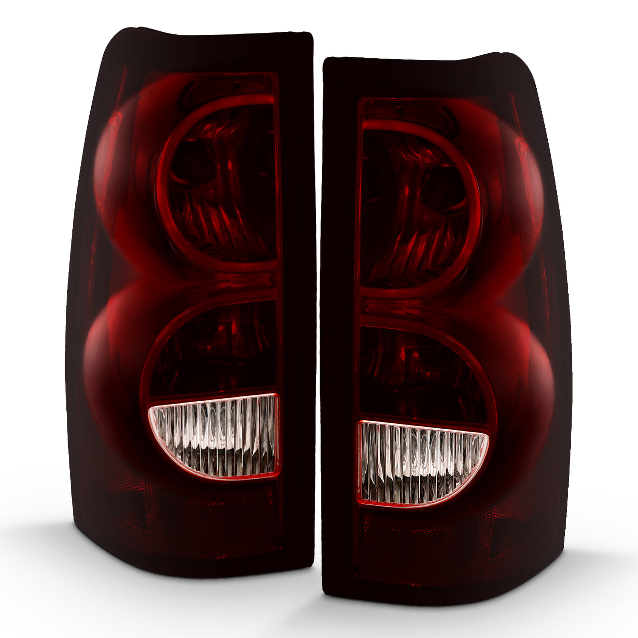 CHEVY SILVERADO 04-07 TAIL LIGHTS DARK RED AND CLEAR LENS (BLACK RIM) (OE STYLE)