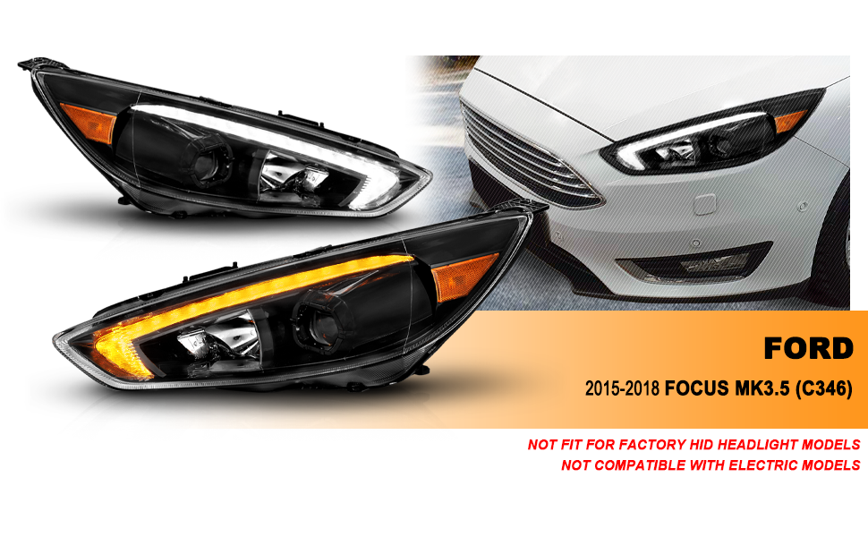 FORD FOCUS 15-18 PROJECTOR SWITCHBACK HEADLIGHTS BLACK AMBER W/DRL (FIT FOR HALOGEN VERSION)