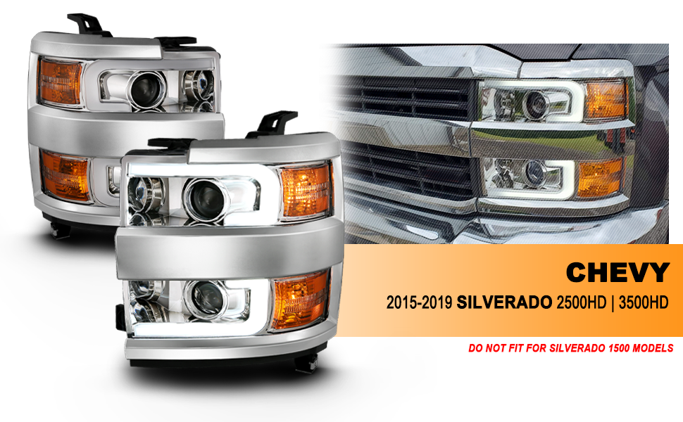 CHEVY SILVERADO 2500HD/3500HD 15-17 PROJECTOR LIGHT BAR STYLE HEADLIGHTS CHROME AMBER (CHROME RIM)