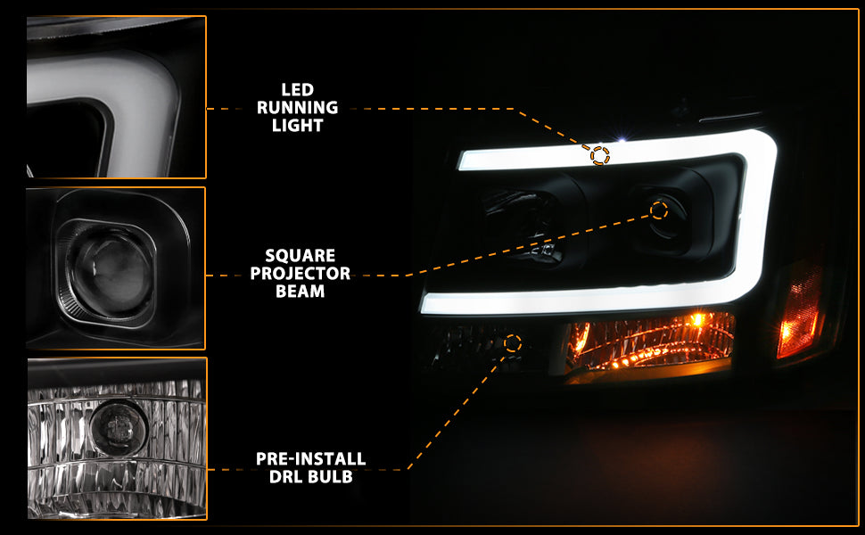 CHEVY TAHOE/SUBURBAN/AVALANCHE 07 PROJECTOR HEADLIGHTS G2 BLACK CLEAR AMBER