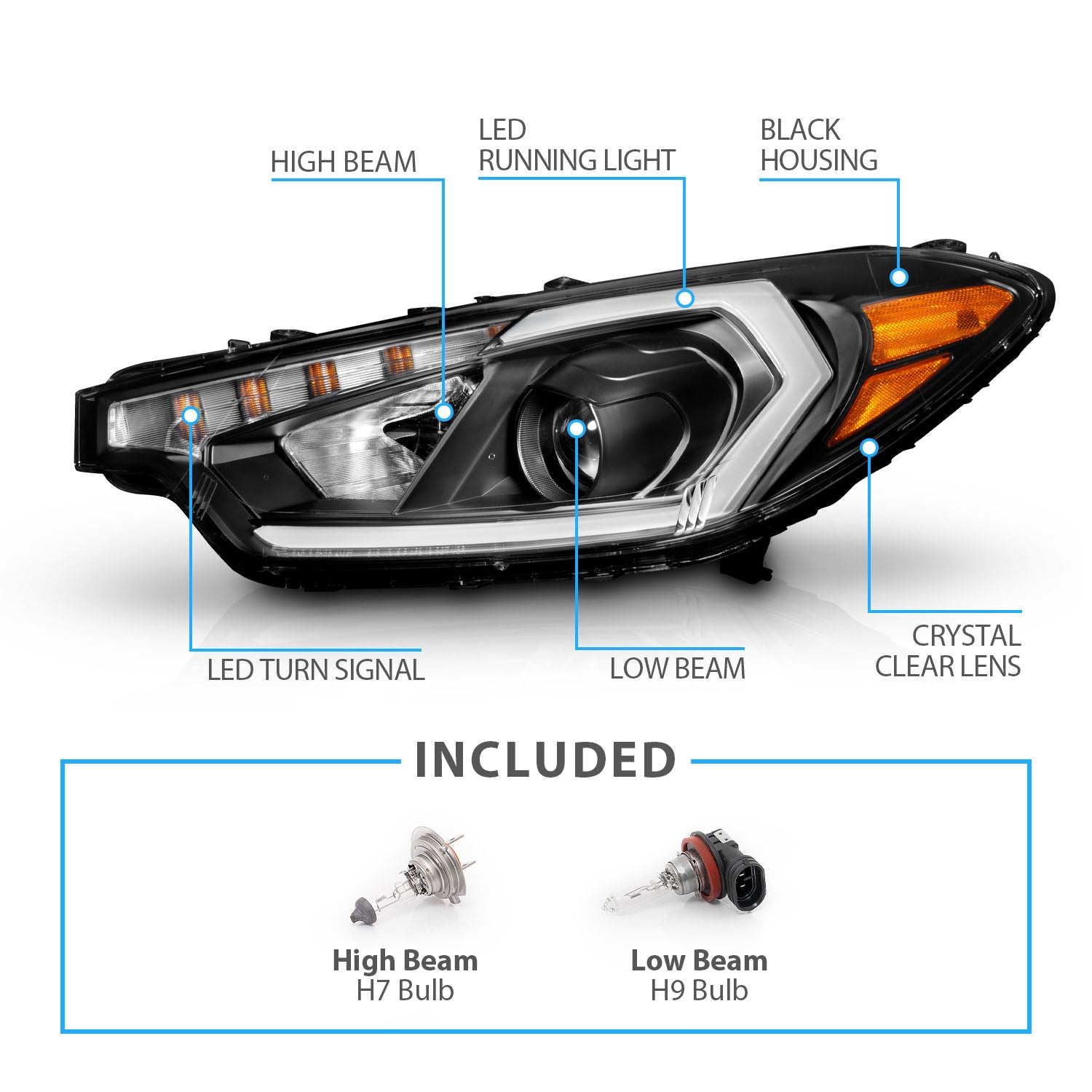 KIA FORTE 14-16 LED PLANK STYLE HEADLIGHTS BLACK (W/ FACTORY LED DRL)