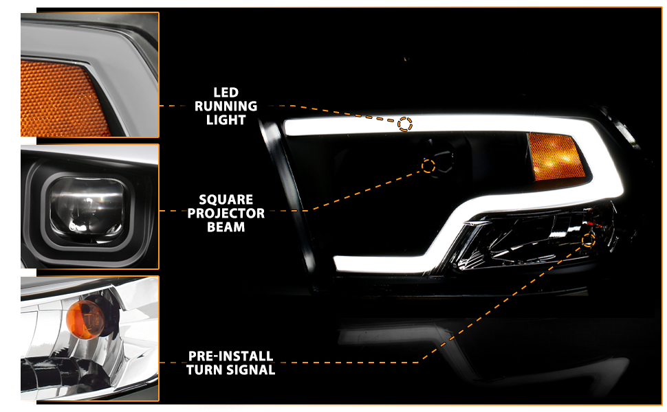 DODGE RAM 09-20 PROJECTOR LIGHT BAR STYLE HEADLIGHTS BLACK CLEAR AMBER (HALOGEN TYPE)