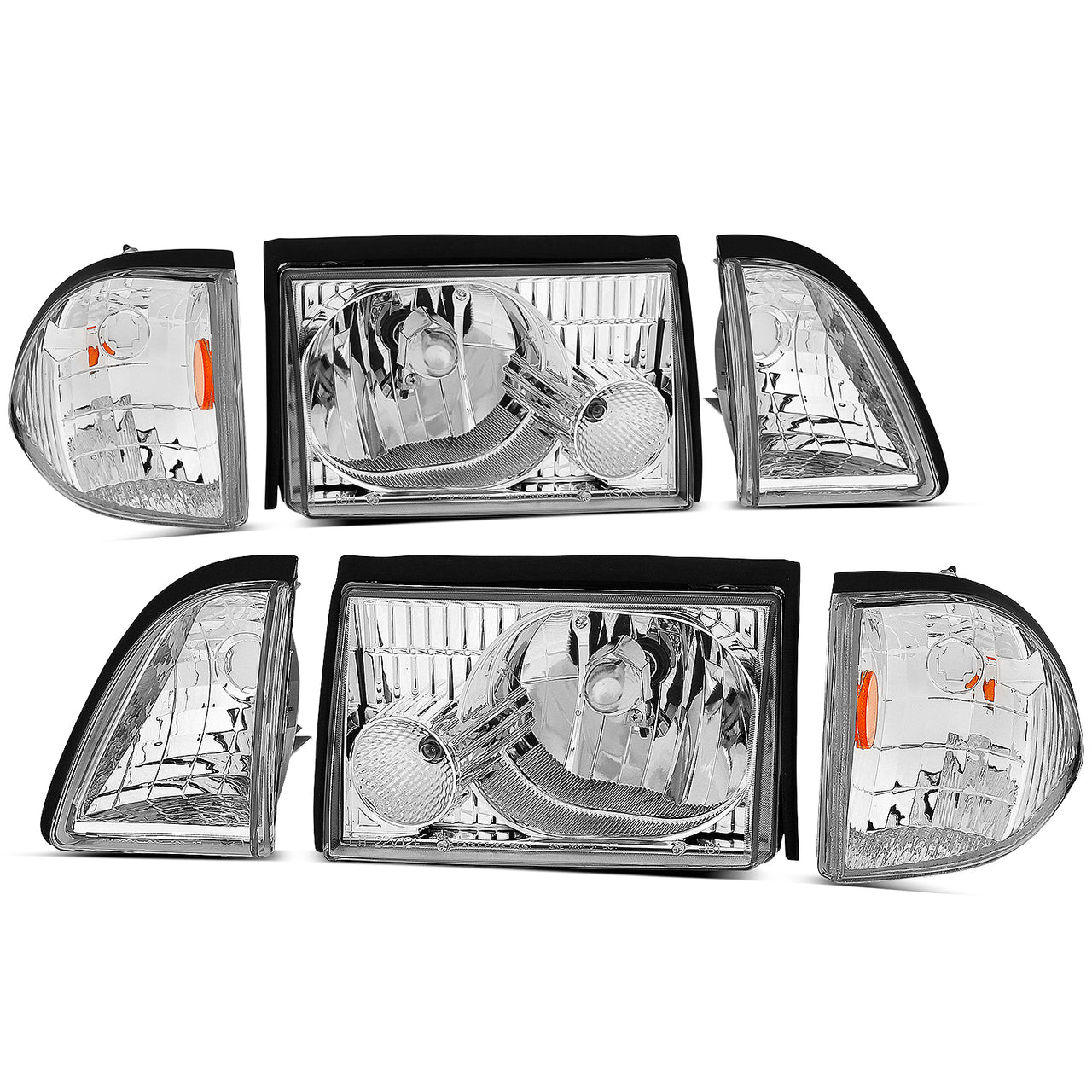 FORD MUSTANG 87-93 CRYSTAL HEADLIGHTS CHROME SET W/ CORNER & PARKING