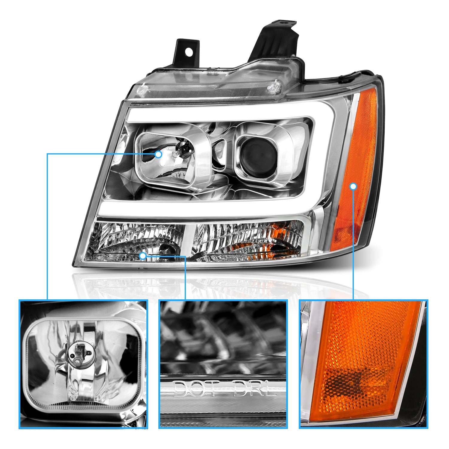 CHEVY TAHOE/SUBURBAN/AVALANCHE 07 PROJECTOR HEADLIGHTS G2 CHROME CLEAR AMBER