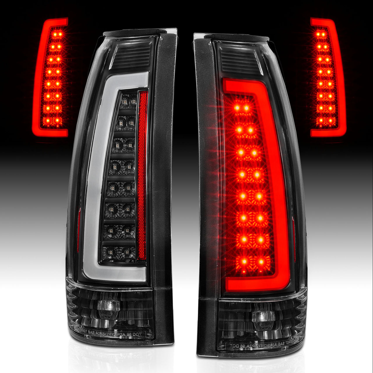 Chevy/GMC C/K 1500/2500/3500 88-99, SUBURBAN/YUKON 92-00, TAHOE 94-00, BLAZER 92-94, CADILLAC ESCALADE 99-00 LED C-BAR TAIL LIGHTS BLACK HOUSING CLEAR LENS