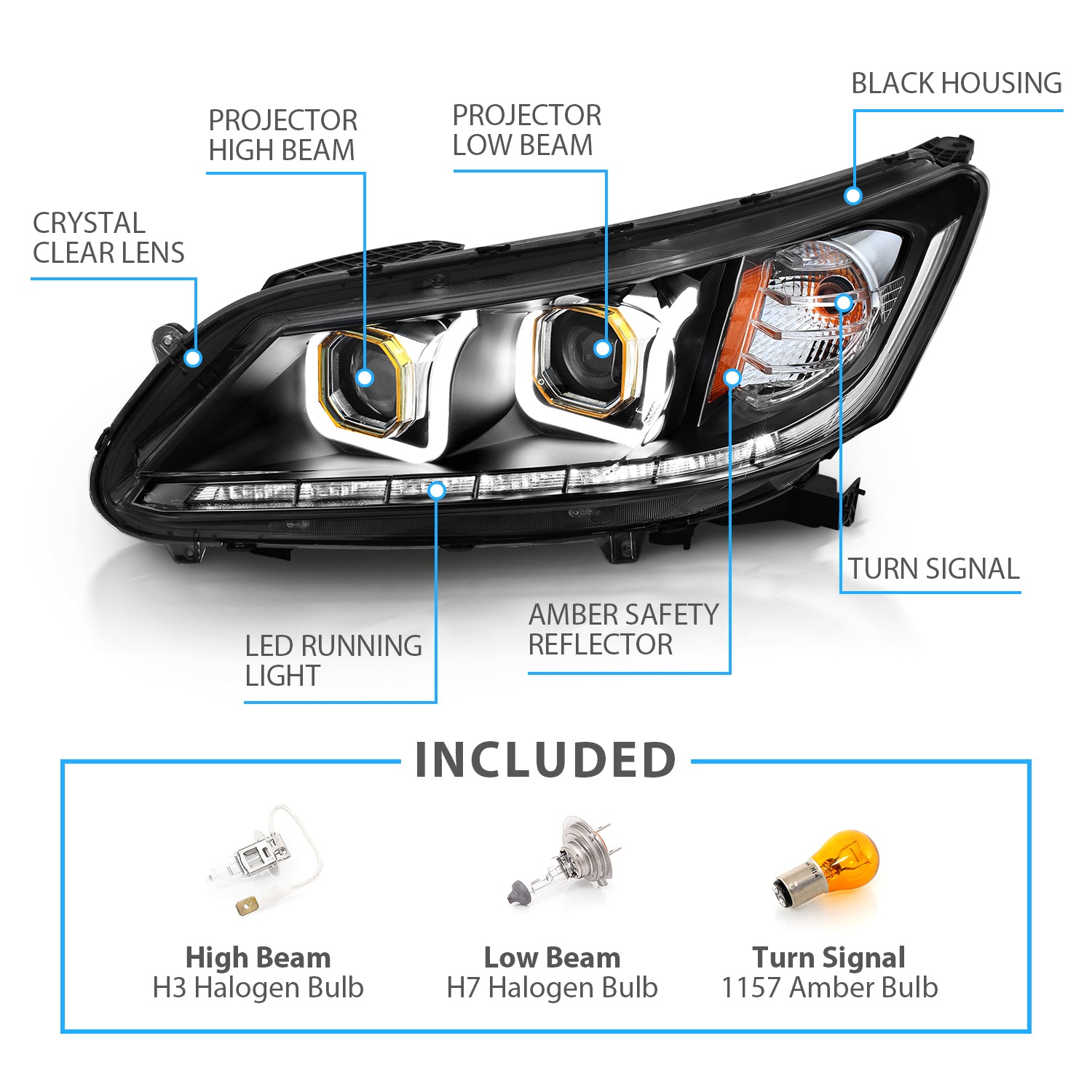 HONDA ACCORD 13 4DR PROJECTOR BAR STYLE HEADLIGHTS BLACK CLEAR AMBER