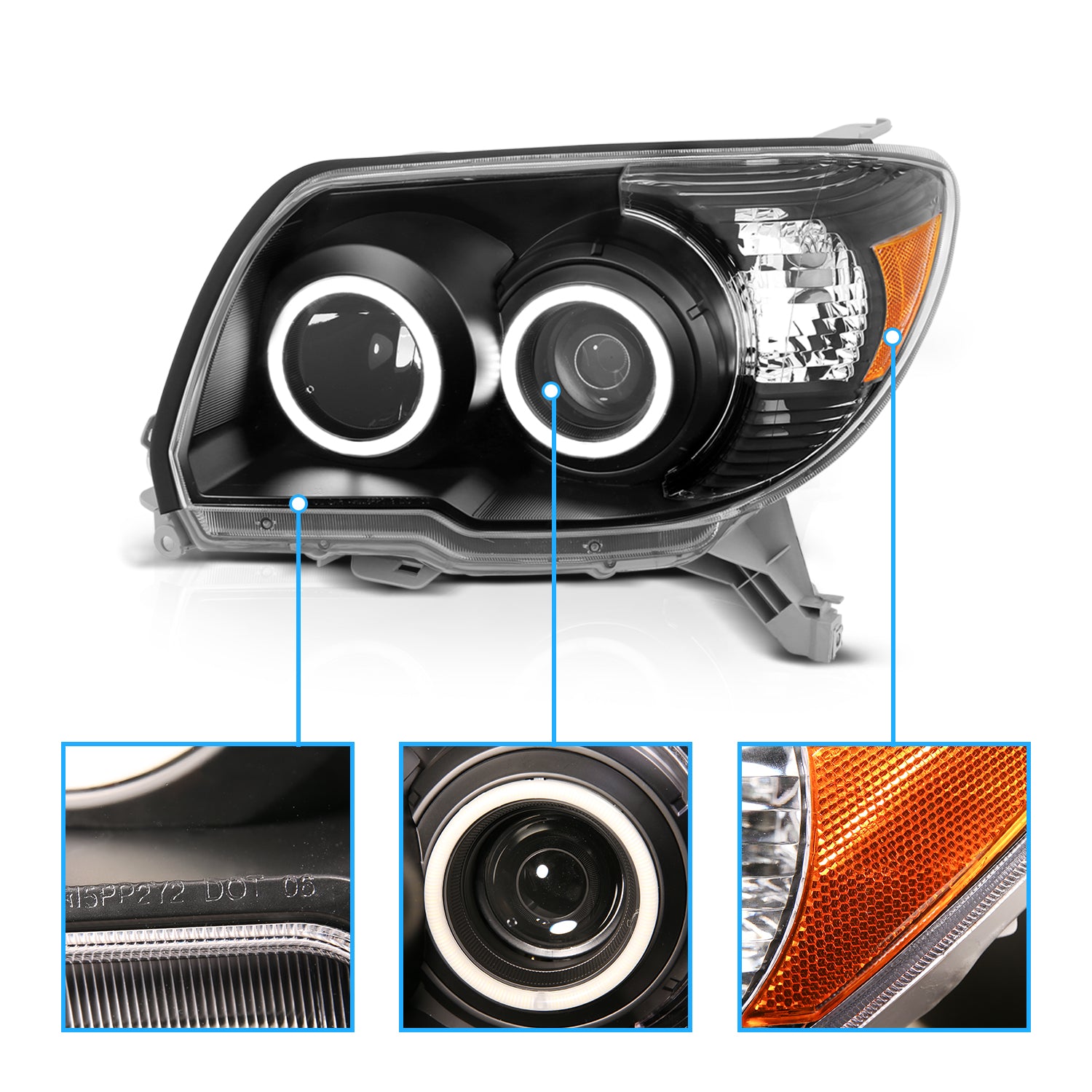 TOYOTA 4 RUNNER 06-09 PROJECTOR HEADLIGHTS BLACK CLEAR (RX HALO) AMBER