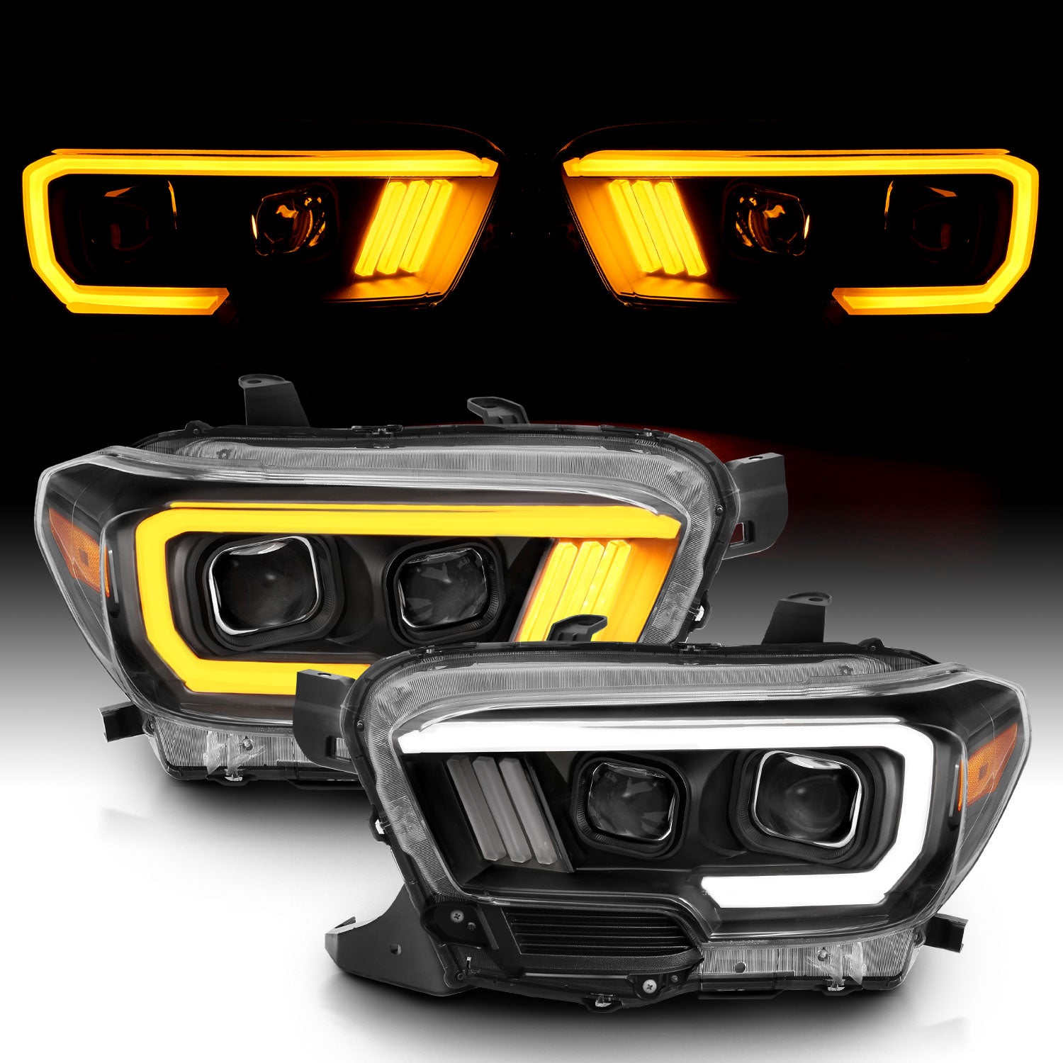 TOYOTA TACOMA 16-23 PROJECTOR LIGHT BAR STYLE SWITCHBACK HEADLIGHTS BLACK AMBER (W/ DRL) (HIGH MODEL)