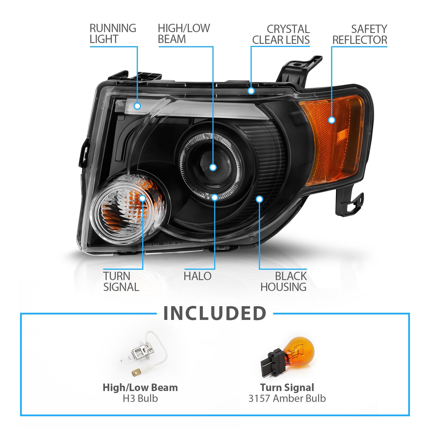 FORD ESCAPE 8-12  PROJECTOR LIGHT BAR STYLE HEADLIGHTS BLACK CLEAR AMBER (LED HALO)