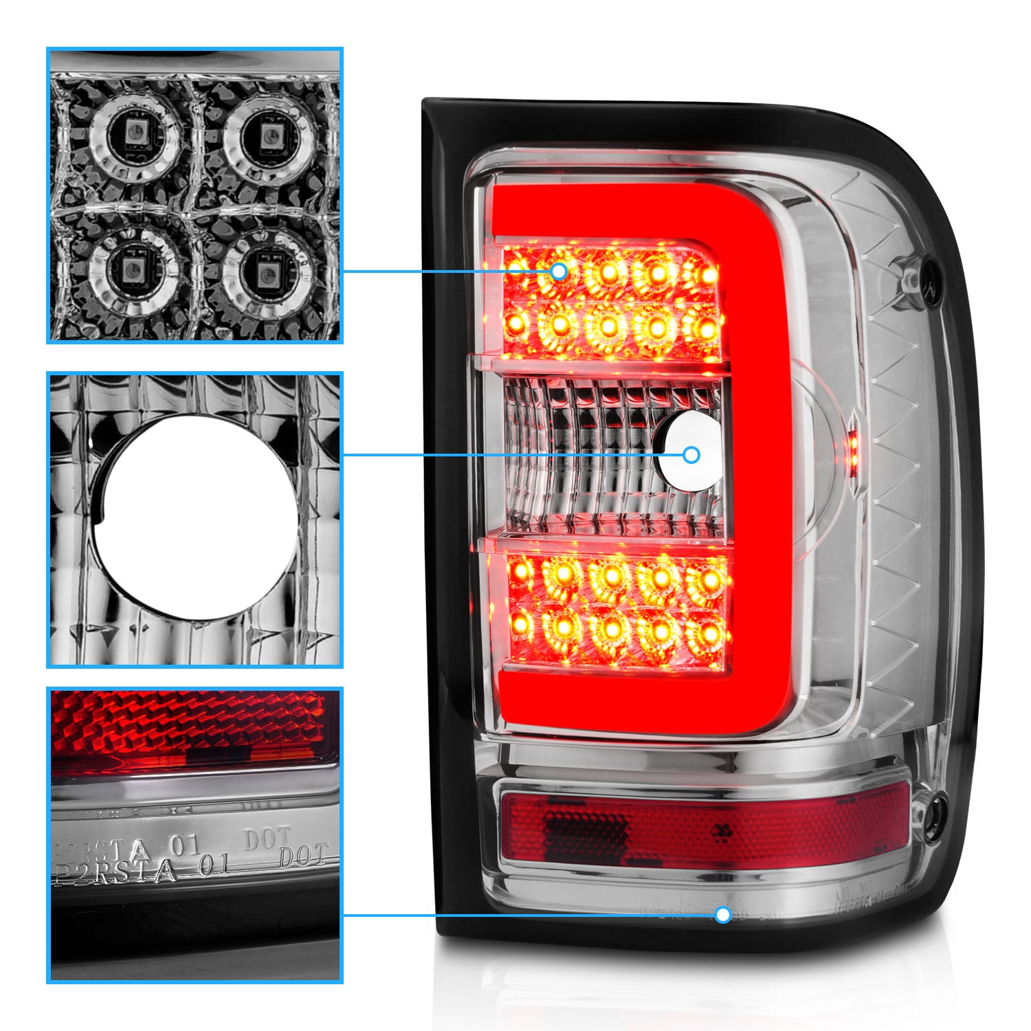 FORD RANGER 01-11 TAIL LIGHTS CHROME HOUSING CLEAR LENS W/C LIGHT BAR