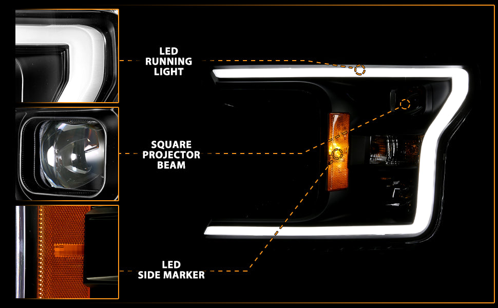 FORD F-150 18-20 PROJECTOR LIGHT BAR STYLE HEADLIGHTS BLACK AMBER