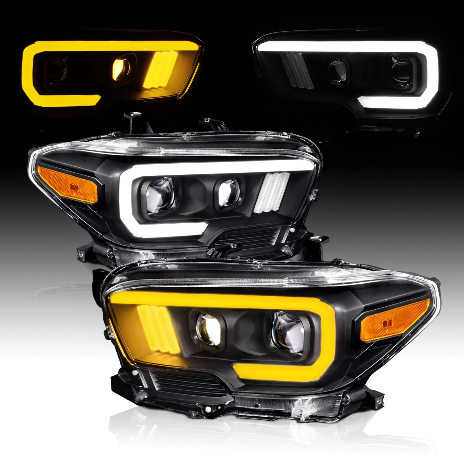 TOYOTA TACOMA 16-23 PROJECTOR LIGHT BAR STYLE SWITCHBACK HEADLIGHTS BLACK AMBER