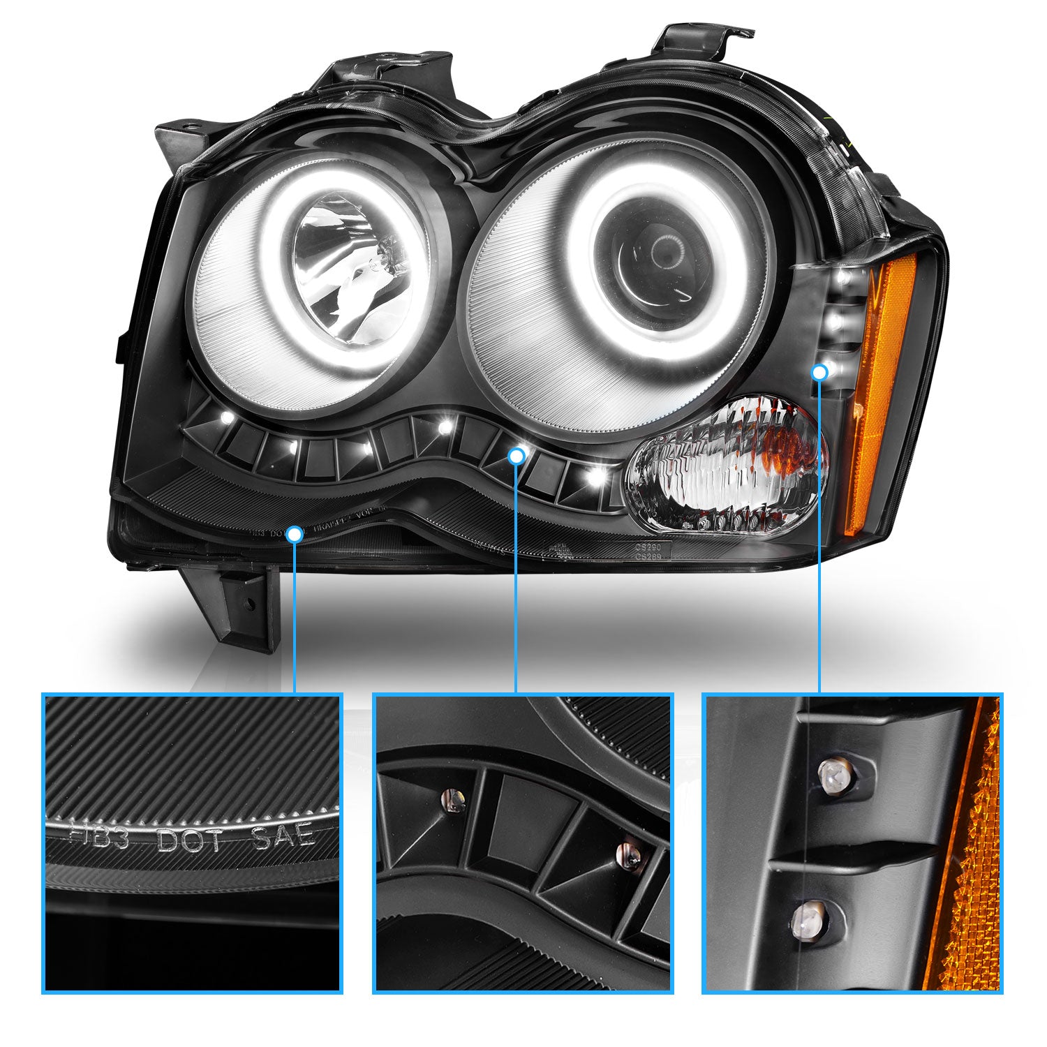 JEEP GRAND CHEROKEE 08-09 PROJECTOR HEADLIGHTS HALO BLACK CLEAR AMBER (RX HALO)