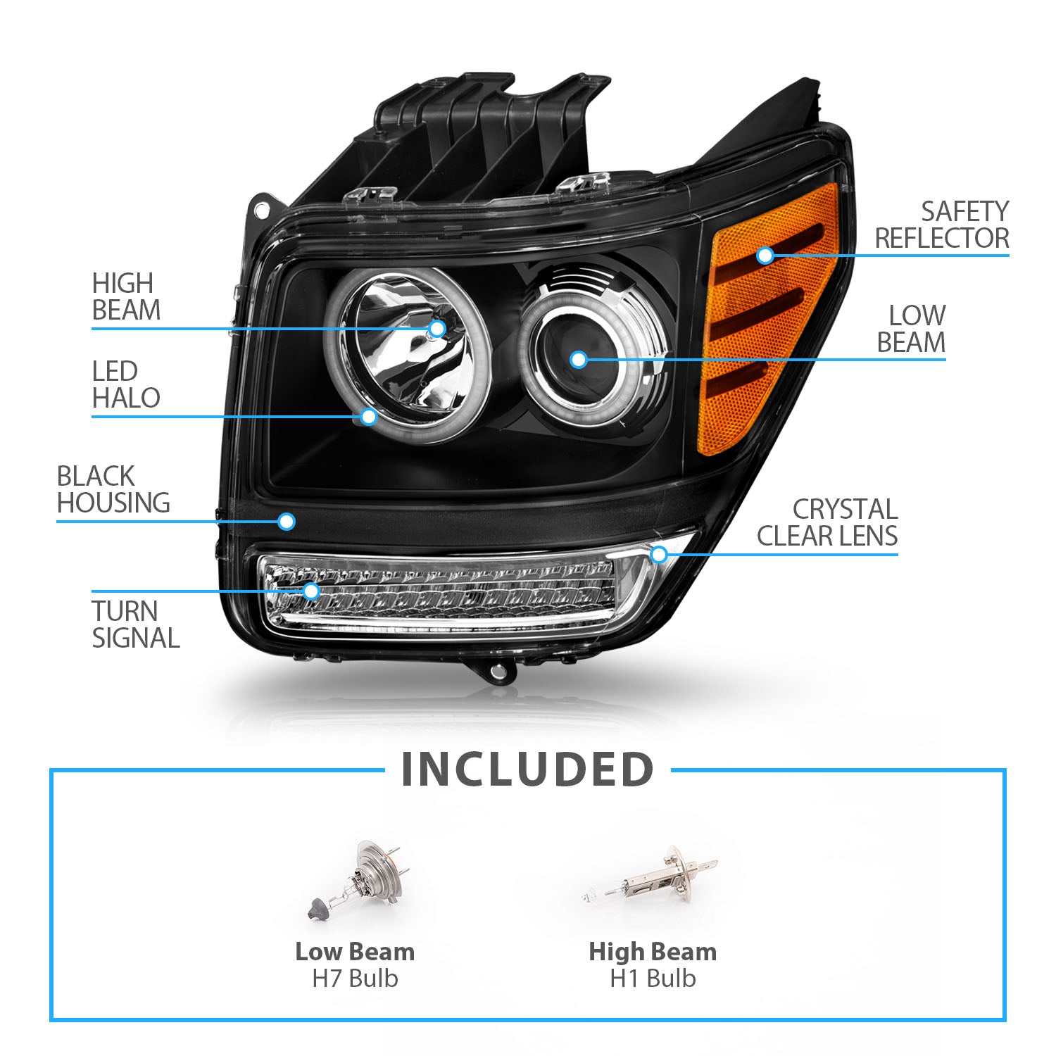 DODGE NITRO 07-08 PROJECTOR HEADLIGHTS HALO G2 BLACK CLEAR AMBER W/ LED (RX HALO)