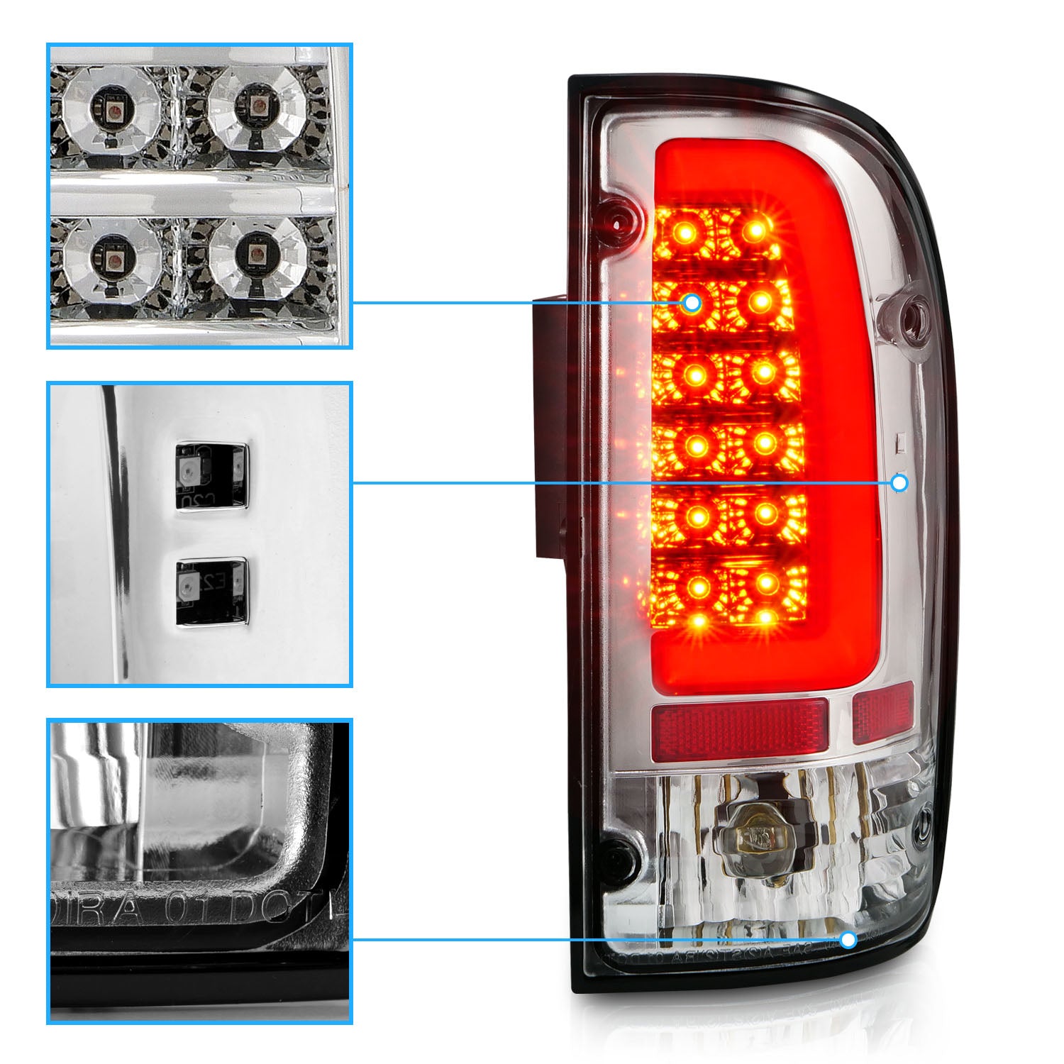 TOYOTA TACOMA 95-00 LED TAIL LIGHTS CHROME HOUSING CLEAR LENS W/ C LIGHT BAR