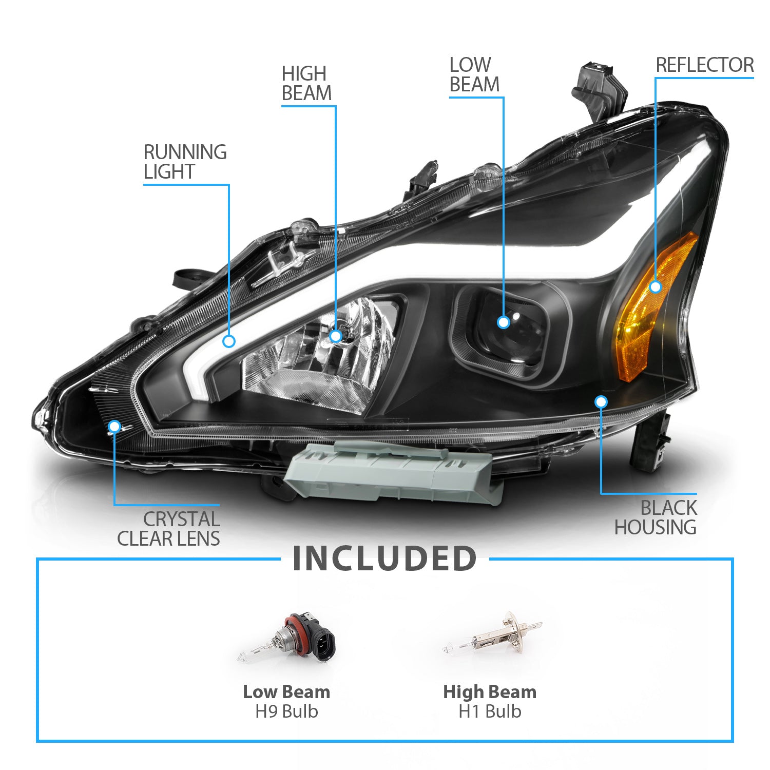 NISSAN ALTIMA 13-15 4DR PROJECTOR LIGHT BAR G2 HEADLIGHTS BLACK CLEAR AMBER