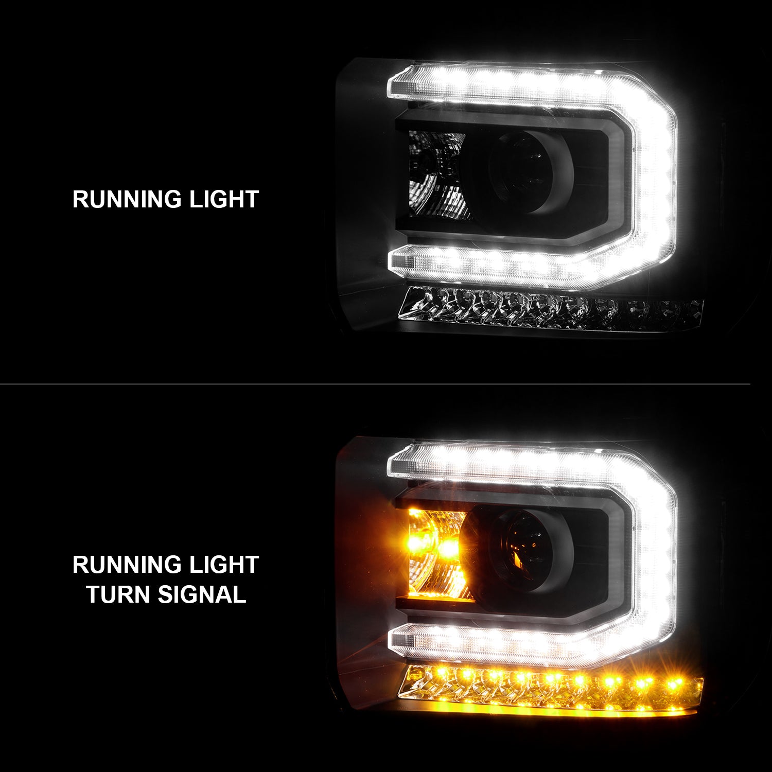 GMC SIERRA 1500 14-15/ 2500HD/3500HD 15-19 PROJECTOR  HEADLIGHTS LIGHT BAR BLACK  (HALOGEN TYPE MODEL W/ FACTORY DRL)